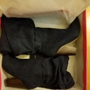 Navy blue suede knee high boots